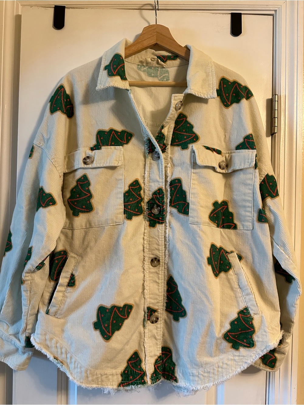 Peach Love California Cream Corduroy Jacket with Green Tree motifs